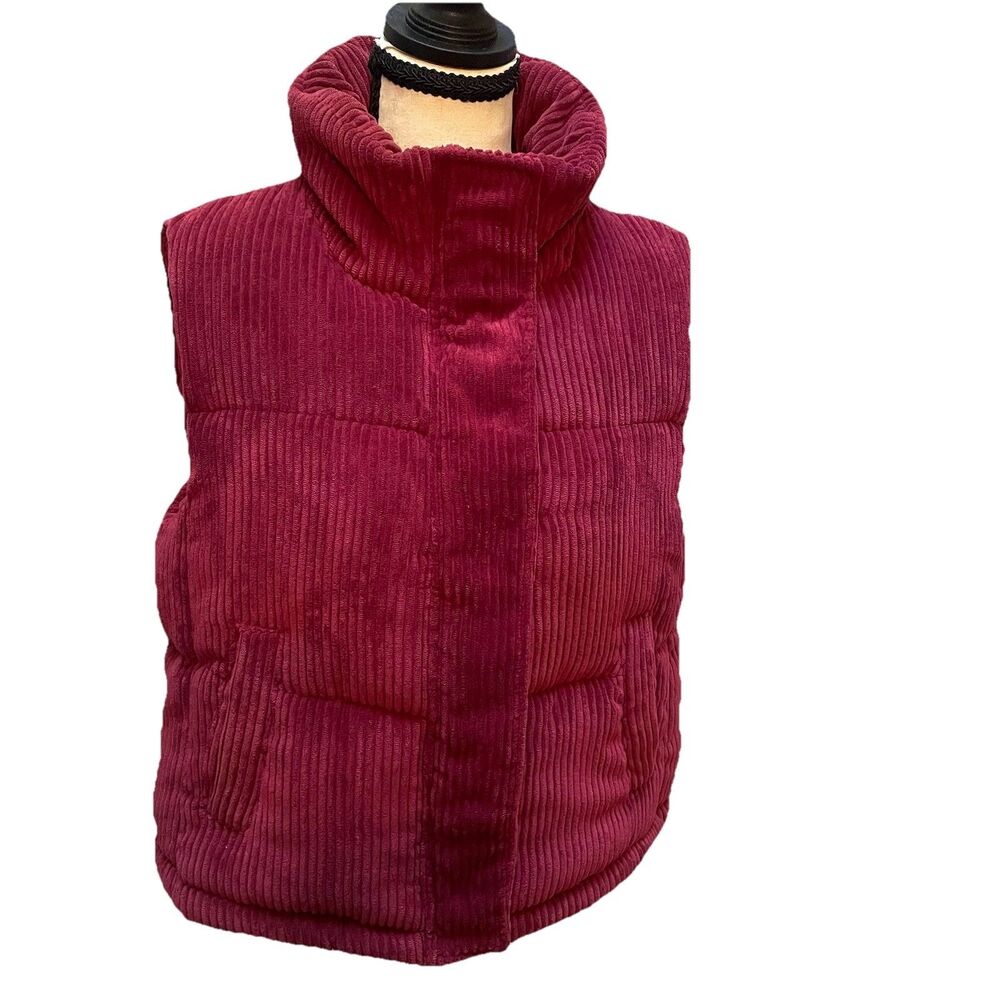 7 For All Mankind Corduroy Puffer Vest Medium Maroon Red Mock Neck Retro Cabin